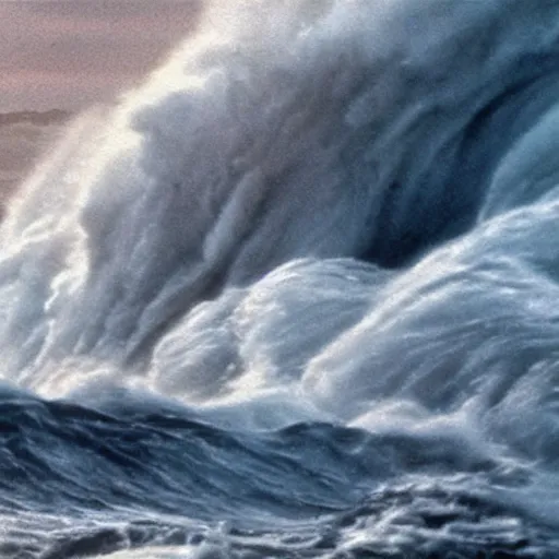 Image similar to cinematic still of mountains rising from the oceans, waves dividing as land emerges, storm, energy, miracle, dramatic angles, from Biblical epic by Steven Spielberg