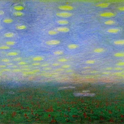 Prompt: painting of an alien invasion apocalypse in the style of Claude Monet