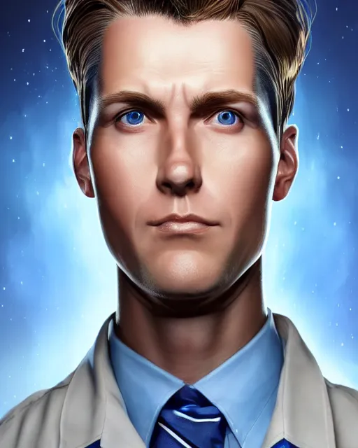 Prompt: portrait of tall, tired 3 3 - year - old handsome man with short darkblonde hair, blue eyes, wearing science fiction uniform, hyper realistic face, beautiful eyes, character art, art by mark brooks, hyperdetailed, cryengine, trending on artstation, digital art