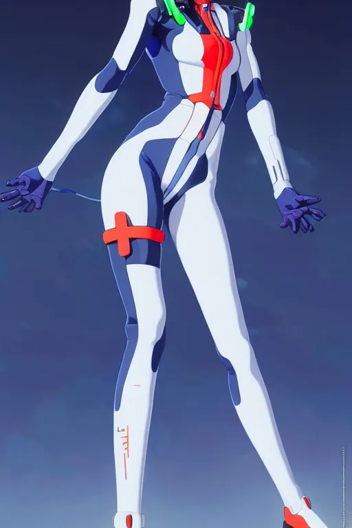 Image similar to a fullbody portrait of rei ayanami evangelion neon genesis : : blue hair, wearing a plug suit, skintight, standing on top of an eva : : by ilya kuvshinov, rossdraws, artgerm, sola digital arts, anti aliasing, raytracing : :