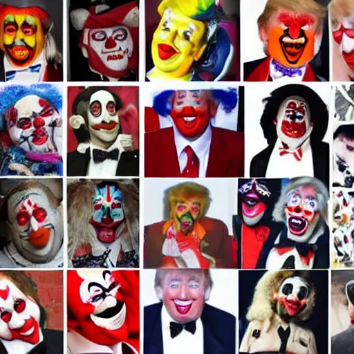 Image similar to a collage of clown pictures that make donald trumps face