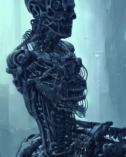 Image similar to skeleton with cybernetic enhancements with some flesh as seen from a distance, scifi character portrait by greg rutkowski, esuthio, craig mullins, 1 / 4 headshot, cinematic lighting, dystopian scifi gear, gloomy, profile picture, mechanical, half robot, implants, solarpunk