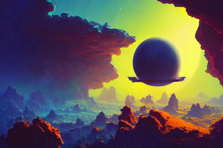 Prompt: a [ [ window to space ]!! opens up above earth ]!! reveals a beautiful alien world full of colorful vegetation, deep blue oceans, and a yellow sun shining down, sci - fi art, digital art, 3 d modeling, light painting, night scene, cosmic, illustrated by greg rutkowski, max hay, anton fadeev