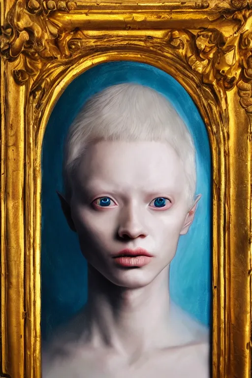 Prompt: hyperrealism oil painting, close - up portrait of albino medieval fashion model, knight, steel gradient mixed with nebula sky, in style of baroque