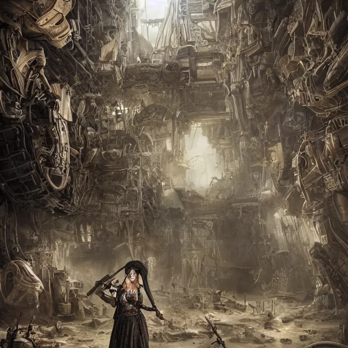 Image similar to apocalyptic woman in hood standing in hall of machinery and weaponry, hyper - detailed, smooth, sharp focus, 4 k ultra hd, fantasy dark art