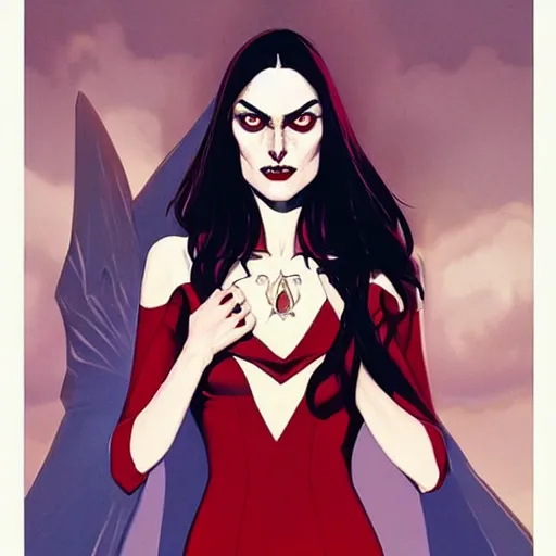 Image similar to Rafeal Albuquerque comic art, Joshua Middleton comic art, pretty female Phoebe Tonkin, vampire, fully red eyes no pupils, sharp vampire teeth, evil smile, horror, symmetrical face, symmetrical eyes, pretty white dress, short black hair, full body:: snow outside::