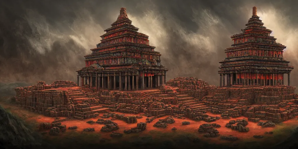 Image similar to an ancient temple built from human flesh, by Naomi Okubo, landscape, dramatic lighting, high contrast colors, panoramic view, as trending on Artstation,