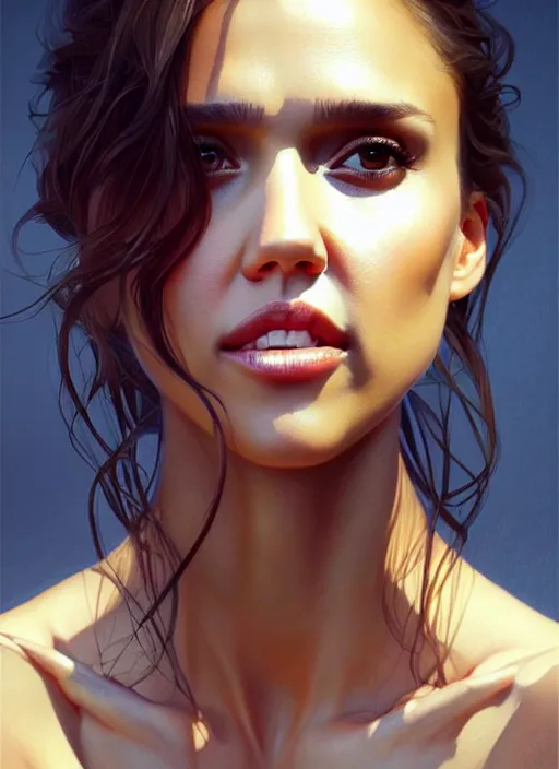 Prompt: half Jessica Alba half Nathalie Portman a pure gorgeous seductive angel, full body portrait, slight smile, diffuse natural sun lights, autumn lights, highly detailed, digital painting, artstation, concept art, sharp focus, illustration, art by wlop and greg rutkowski and alphonse mucha and artgerm