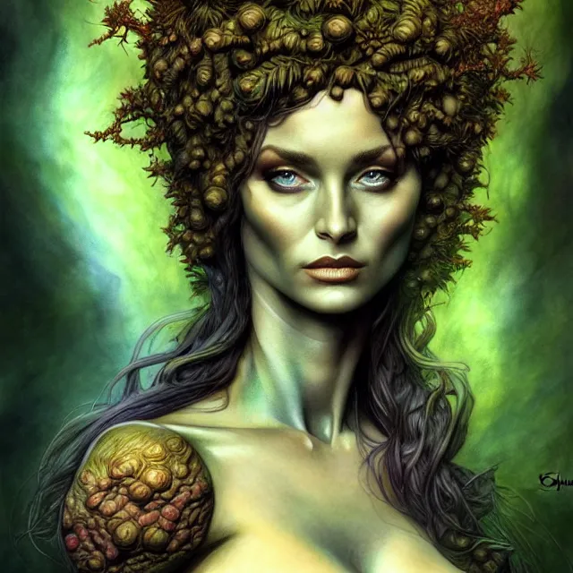 Prompt: portrait, attractive mutant dryad, digital tempera and pastels, dramatic lighting, extremely high detail, pen and ink, intricate illustration, by stephen bradbury, frank frazetta, wendy froud, john picacio, artstation, wlop, pixiv