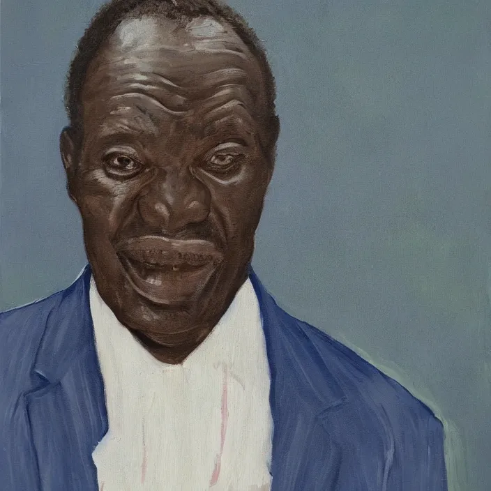 Image similar to a painting of a fatherly, aquiline nose, wide forehead, round face, XXL , loving, caring, generous, ever-present, humble, wise elder from Kenya with a friendly expression in a suit by Lynette Yiadom-Boakye . Fatherly/daddy, focused, loving, leader, relaxed,. ethereal lights, details, smooth, sharp focus, illustration, realistic, cinematic, artstation, award winning, rgb , unreal engine, octane render, cinematic light, macro, depth of field, blur, red light and clouds from the back, highly detailed epic cinematic concept art CG render made in Maya, Blender and Photoshop, octane render, excellent composition, dynamic dramatic cinematic lighting, aesthetic, very inspirational, arthouse.