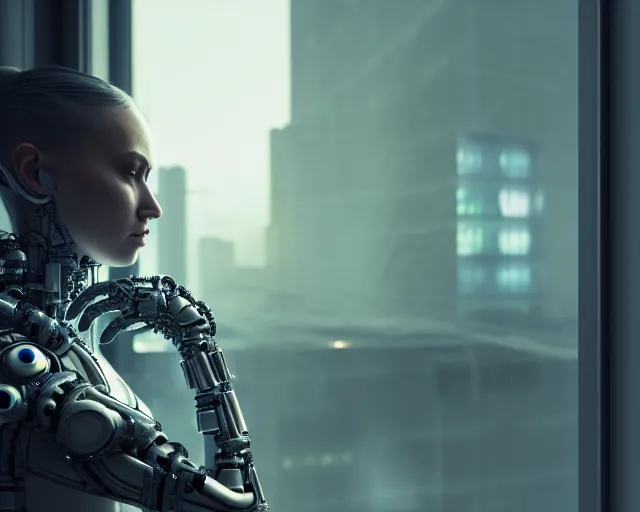 Prompt: portrait of an armored female with an intricate biomechanical cybernetic body who is drinking coffee near a window looking outside with dystopian city visible outside. very detailed 8 k. cyberpunk fantasy style. unreal engine render. global illumination. nanite. rtx. path tracing.