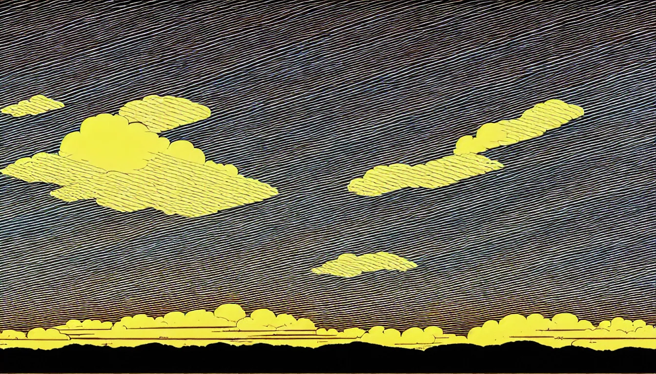 Prompt: clouds light rays by dan mumford and peter doig and edward hopper, symmetrical, minimal, black ink, thick lines highly detailed, muted colours 8 k