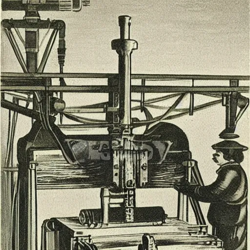 Prompt: sound travelling through machine onto a printing press, 1 9 0 0 s industrial factory painting