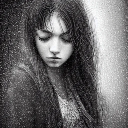 Image similar to a sad girl in a rainy afternoon. digital art. highly detailed, intricate harmony, moody lighting. focus.