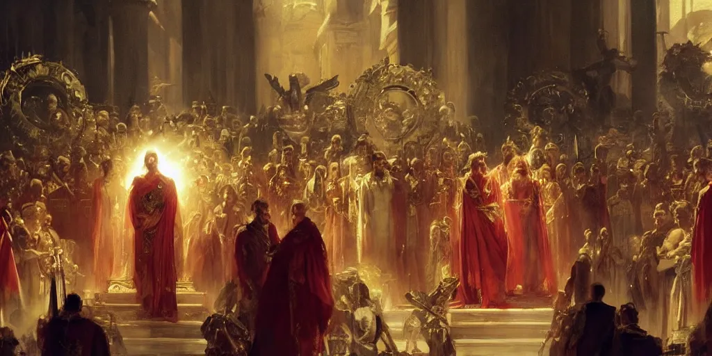 Prompt: beautiful oil matte portrait painting, steve buscemi in royal crimson robes enthroned as the god emperor of ancient rome surrounded by servants in gilded halls a golden wreath upon his head, by anders zorn, wonderful masterpiece by greg rutkowski, beautiful cinematic light, american romanticism, by thomas lawrence, greg rutkowski