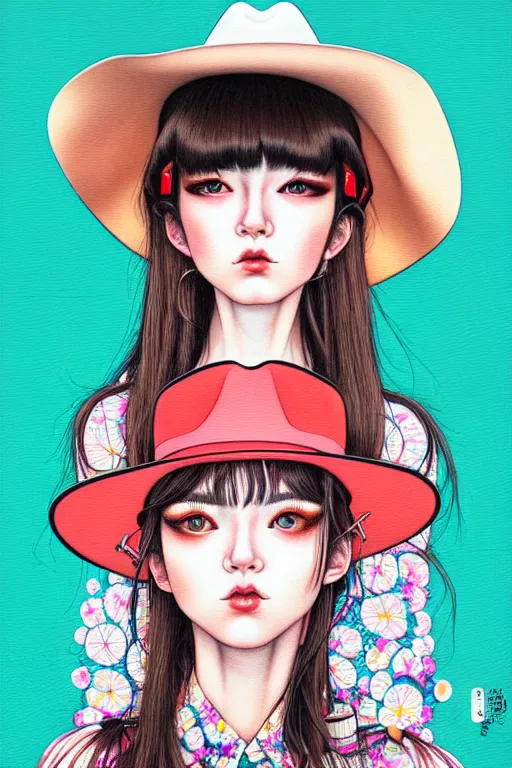 Image similar to girl wearing cowboy hat, style of yoshii chie and hikari shimoda and martine johanna, highly detailed