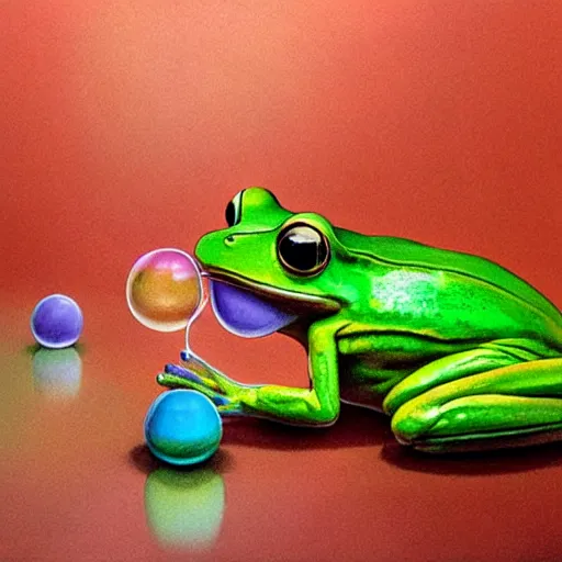 Image similar to long shot of a very cute frog playing with a rainbow glas balls, concept art, by esao andrews, by m. w. kaluta, volumetric light, surrealism, rich colors, very humorous!!! oil painting, realistic reflections, smooth, depth perception, high depth of field, 4 k, unreal engine 5, ultradetailed, hyperrealistic, artstation