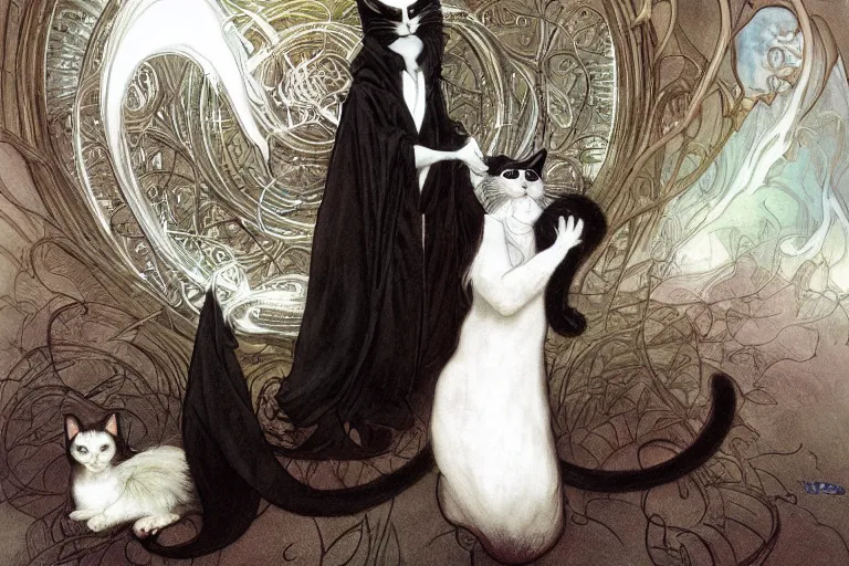 Image similar to an anthropomorphic black and white cat wearing long flowing robes teaches his apprentice a new magical spell in front of a magical gateway to another universe, illustration by Boris Vallejo, rutkowski, thomas kindkade, alphonse mucha, loish, norman rockwell, artstation, furaffinity