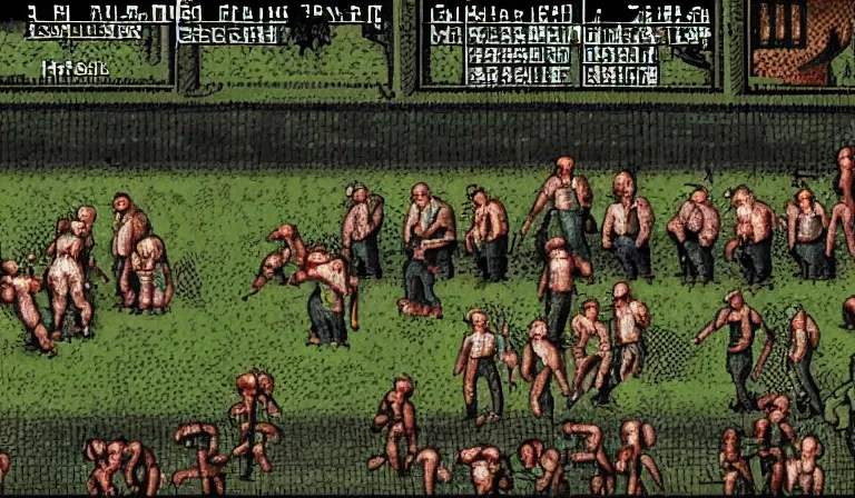 Image similar to Combat in a survival horror game, PS1, 2D sprites, gameplay screenshot, by Hieronymous Bosch