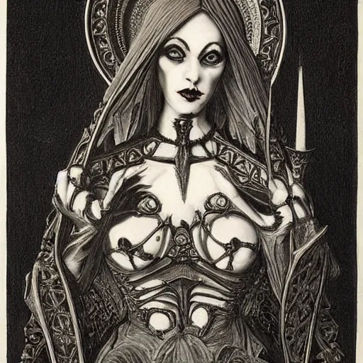 Image similar to gorgeous gothic portrait of a demon woman, intricate detail and composition, highly symmetric