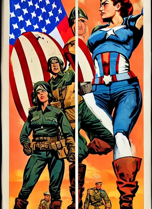 Image similar to beautiful south american female captain america standing on a pile of defeated, beaten and broken german soldiers. feminist captain america wins wwii. american wwii propaganda poster by james gurney. gorgeous face. overwatch