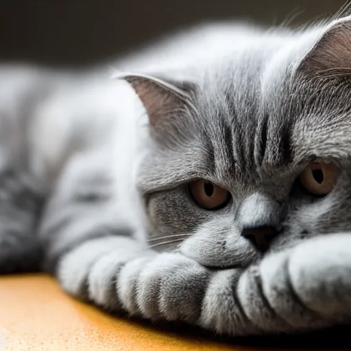 Image similar to bicolor gray and white Scottish Fold English Shorthair mix. napping cat on comforter. cozy scene. photorealism, 4k, 135mm.