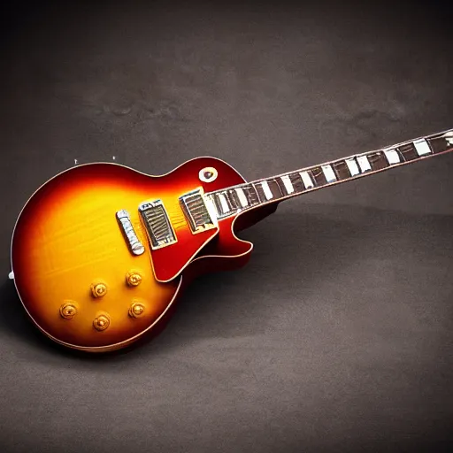 Prompt: award - winning photograph of a gibson les paul vintage sunburst, 3 d hyperrealistic 8 k image style, detailed render, stunning studio photograph with dramatic lighting, depth of field