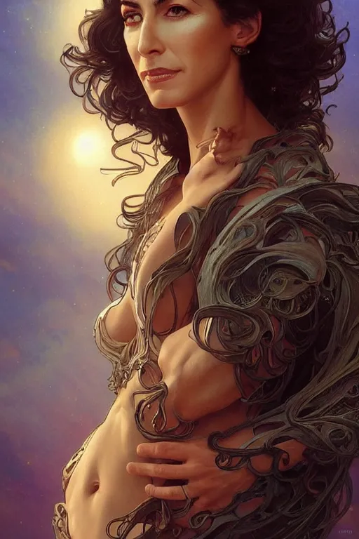 Image similar to claudia black as deanna troi, masterpiece, intricate, elegant, highly detailed, digital painting, artstation, concept art, smooth, sharp focus, illustration, art by artgerm and greg rutkowski and alphonse mucha and uang guangjian and gil elvgren and sachin teng, symmetry!!