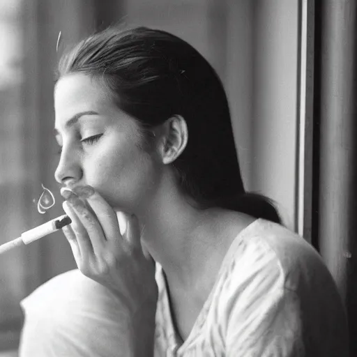 Prompt: black and white photo of a woman smoking a cigarette by the window