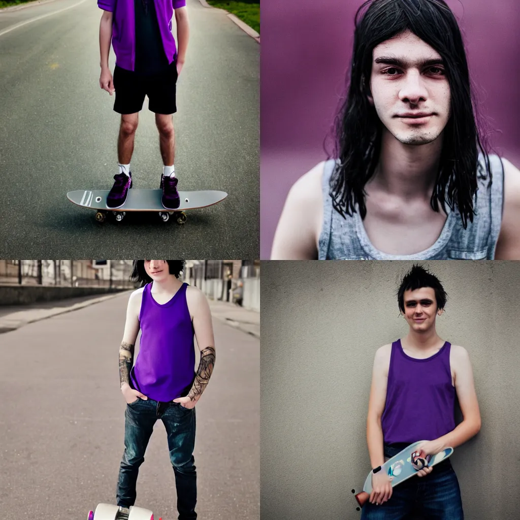 Prompt: softblur portrait of a highschool senior with middle long black hair, shaven face, silver earring, violet tight tanktop, he is smirking into the camera for a cover of a gay print magazine, agfa akurit, street photography, lomography, blurred, skateboard, clemens ascher