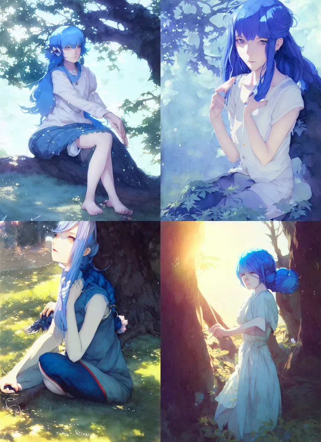 Prompt: portrait of a girl with blue hair rest under the tree, illustration, top lighting, perfect shadow, leaning towards watercolor, art by hidari and krenz cushart and wenjun lin