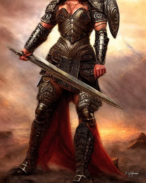 Prompt: a fierce and muscular warrior princess in full armor, fantasy character portrait by howard david johnson