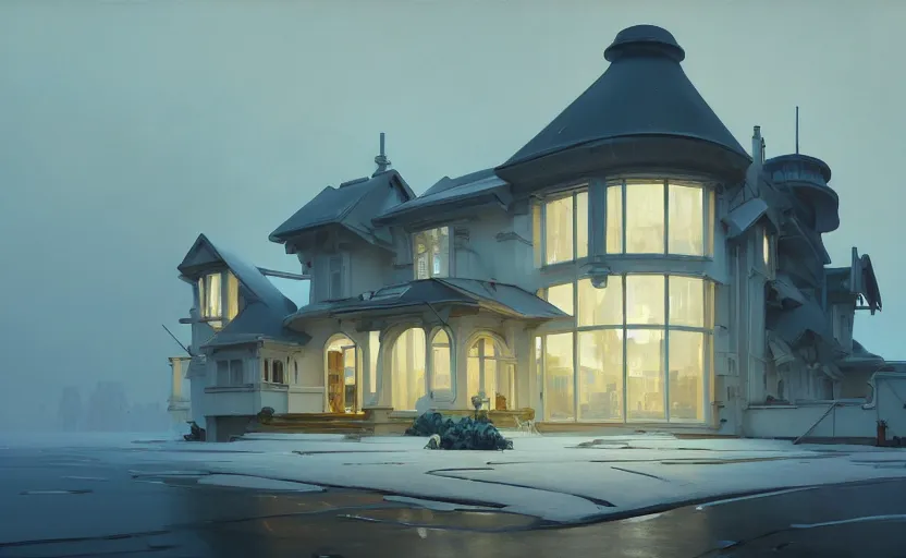 Image similar to painting of a wide angle exterior shot of a white modern architecture with cinematic lighting by richard rogers, darek zabrocki and greg ruthkowski, alphonse mucha, simon stalenhag and cinematic and blue cold atmospheric, archillect concept art, artstation, trending on artstation