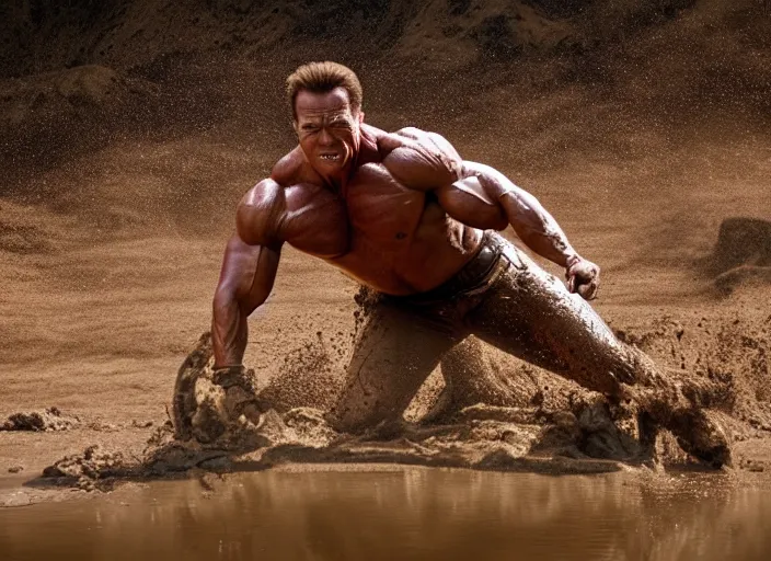 Image similar to photo of schwarzenegger mudbending at predator. highly detailed 8 k. intricate. lifelike. soft light. sony a 7 r iv 5 5 mm. cinematic post - processing