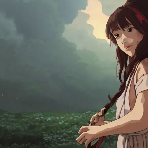 Prompt: portrait of woman, long brown hair, cloth, princess mononoke, 4 k, greg rutkowski, high detail, dramatic lighting, sunset, hayao miyazaki, masashi ando, nizou yamamoto, kazuo oga, joe hisaishi, yoji takeshige, naoya tanaka