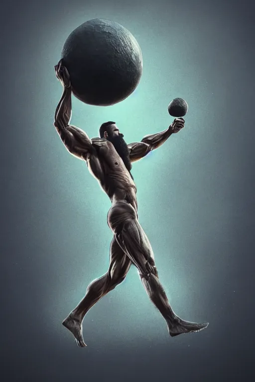 Image similar to a muscular man carrying the Earth on his back, big beard, bold, hyperrealistic, concept art, octane render, unreal engine 5, trending on Artstation, high quality, highly detailed, 8K, soft lighting, anatomically correct, five fingers, blue background, geometric, digital art, trending on DeviantArt, matte painting, fantasy style, dramatic lighting, cinematic