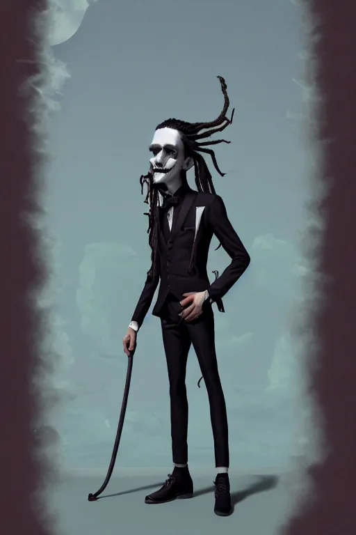 Prompt: vaporwave, an elegant sophisticated gothic king with long wild dreads wearing a suit, straight on, by artgerm, jamie hewlett, tom bagshaw, gerald brom, 4 k, smooth, hd, substance designer render, full body character concept art,