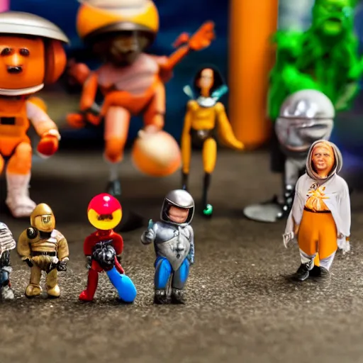 Image similar to a detailed photo of the characters from spaceballs as action figures, macro photography, zoom, table