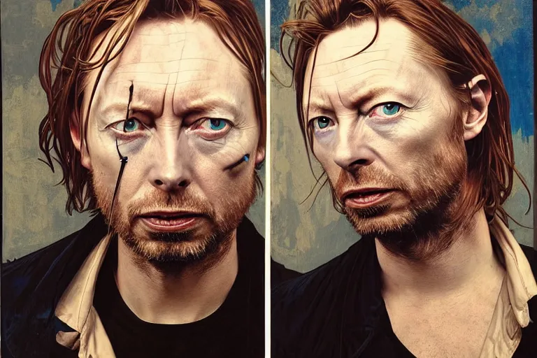 Prompt: hyper realistic portrait of wider faced thom yorke mixed with david bowie, bigger forehead, bigger chin, on a stage, by lee bermejo, alphonse mucha and greg rutkowski