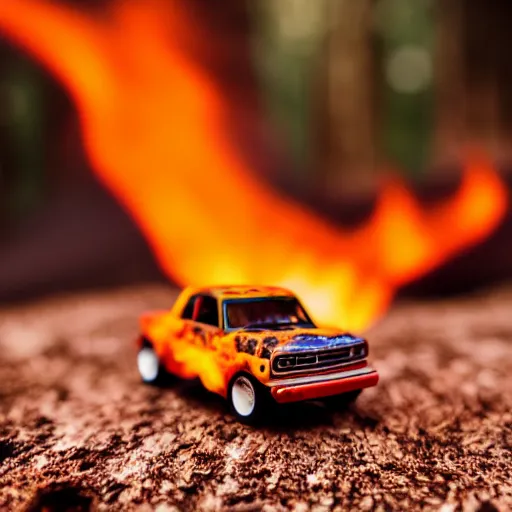 Image similar to macro photography of a toy hot wheels car driving through a forest fire, 3 5 mm