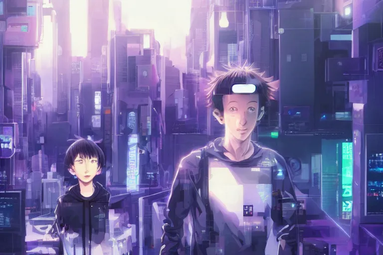 Image similar to anime mark zuckerberg and joseph goebbels, 3 5 mm film still, wired landscape, cyberpunk, volumetric lighting, photo realistic, digital art, anime background, violet colour palette, very detailed faces, art by range murata and yasuyuki ueda