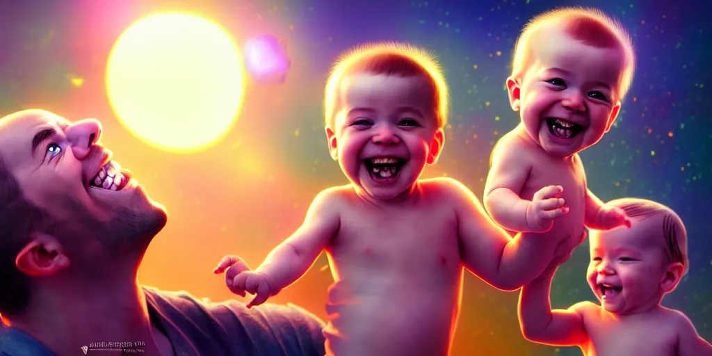 Image similar to epic professional digital art of a happy baby boy with his two fathers, best on artstation, cgsociety, wlop, cosmic, epic, stunning, gorgeous, much detail, much wow, masterpiece, backlight