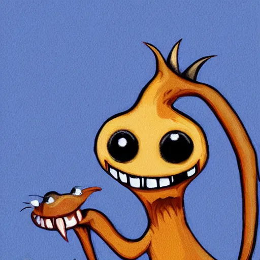 Image similar to cartoon vampire ant with big teeth, painted in the style of a cozy mystery book cover