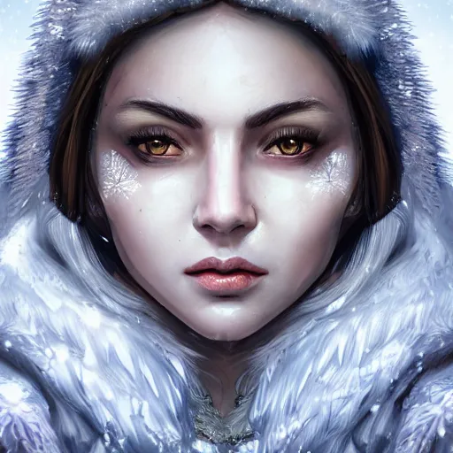 Image similar to highly detailed close up portrait of Skadi, goddess of winter, digital art, concept art, character art, studio lightning, bright colors, intricate, masterpiece, photorealistic, hiperrealistic, sharp focus, high contrast, Artstation HQ, DeviantArt trending, 4k UHD, Unreal Engine 5