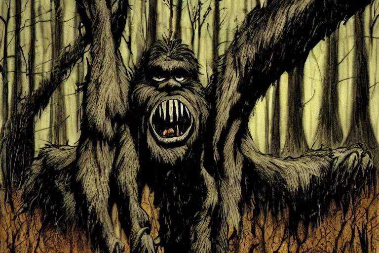 Image similar to mad bigfoot screaming in the woods artwork by ben templesmith