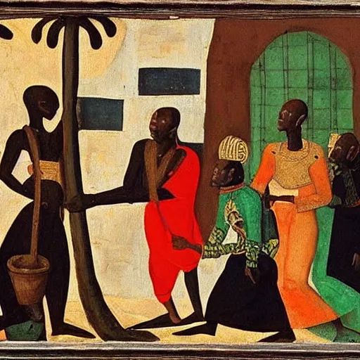 Prompt: A 15th century medieval renaissance oil painting of african made by Jacob Lawrence, no crop