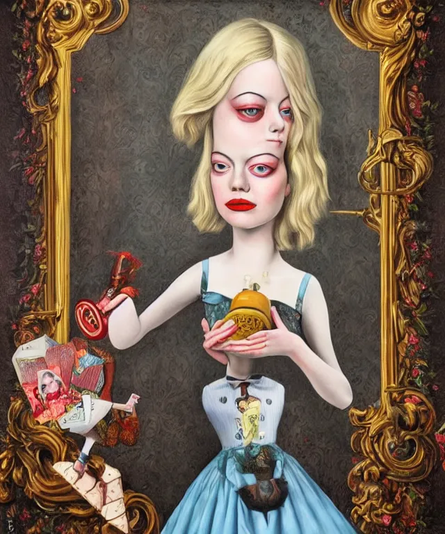 Prompt: portrait of Emma Stone in wonderland, lowbrow painting by Mark Ryden