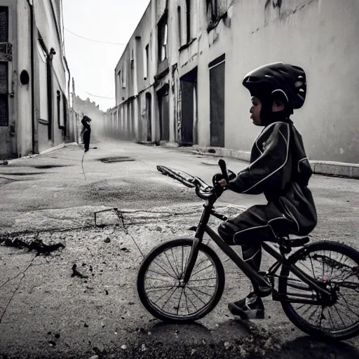 Prompt: a photo of a boy wearing a hazmat suit, riding a bike, side-view, smoke in the background, filthy streets, broken cars. Vines growing. Jpeg artifacts. Full-color photo. 4K UHD. Color color color color color. Award-winning photo. Samyang/Rokinon Xeen 50mm T1.5