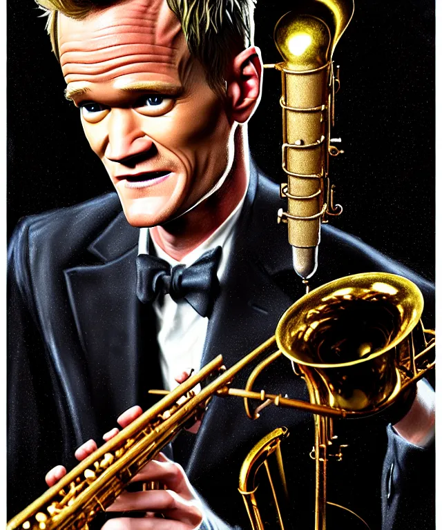 Prompt: hyperrealistic mixed media painting of Neil Patrick Harris as a jazz musician, dimly lit 1920s speakeasy, stunning 3d render inspired art by P. Craig Russell and Barry Windsor-Smith + perfect facial symmetry + dim volumetric lighting, 8k octane beautifully detailed render, post-processing, extremely hyperdetailed, intricate, epic composition, grim yet sparkling atmosphere, cinematic lighting + masterpiece, trending on artstation, very very detailed, masterpiece, stunning