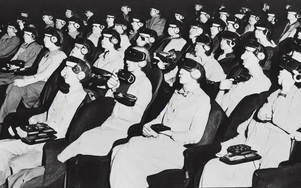 Image similar to 1 9 0 0 s photo of people using iphones ipods virtual reality headsets vr in a movie theater